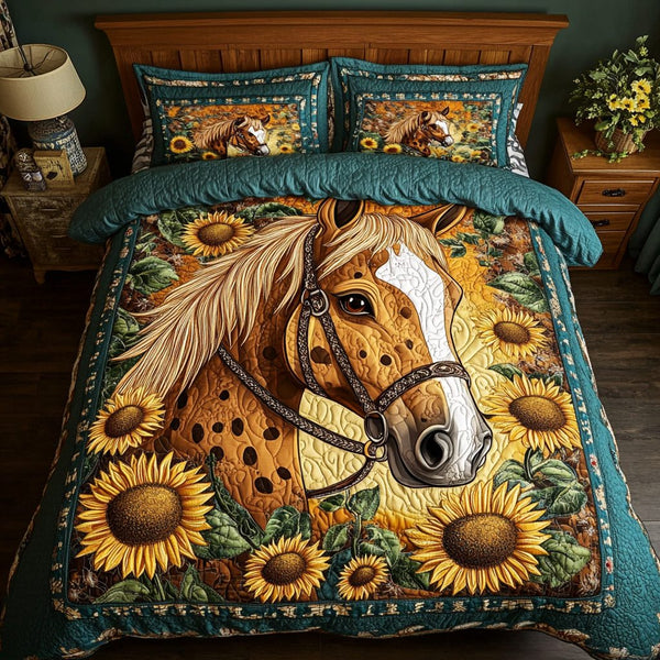 Meadow Runner quilted 3-piece bedding set on a made bed with two matching pillow shams