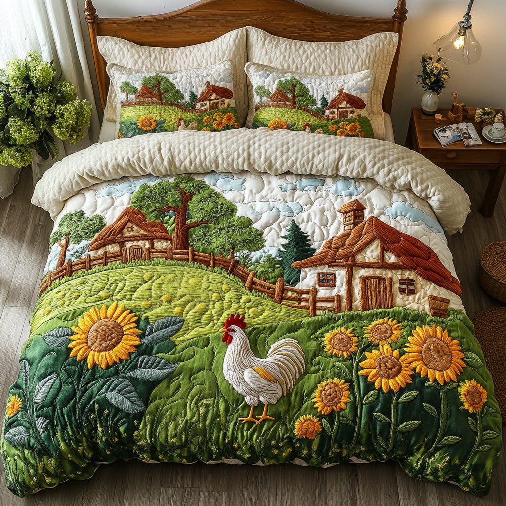 Meadow Serenity quilted 3-piece bedding set on a made bed with two matching pillow shams