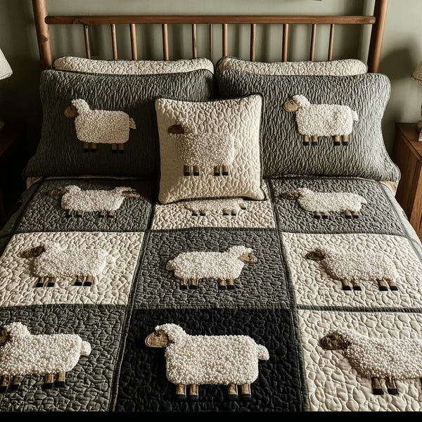 Meadow Sheep quilted 3-piece bedding set on a made bed with two matching pillow shams