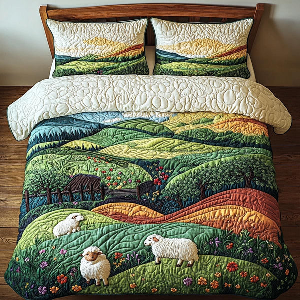 Meadow Sheep quilted 3-piece bedding set on a made bed with two matching pillow shams