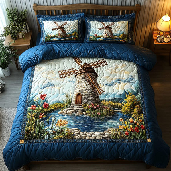 Meadow Spin quilted 3-piece bedding set on a made bed with two matching pillow shams