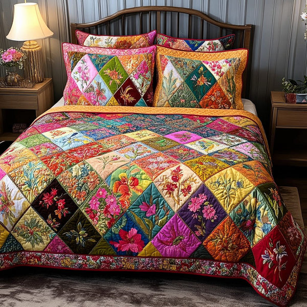 Meadow Stitch quilted 3-piece bedding set on a made bed with two matching pillow shams