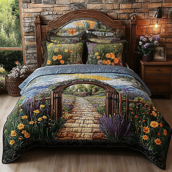 Meadow Stone Arch quilted 3-piece bedding set on a made bed with two matching pillow shams