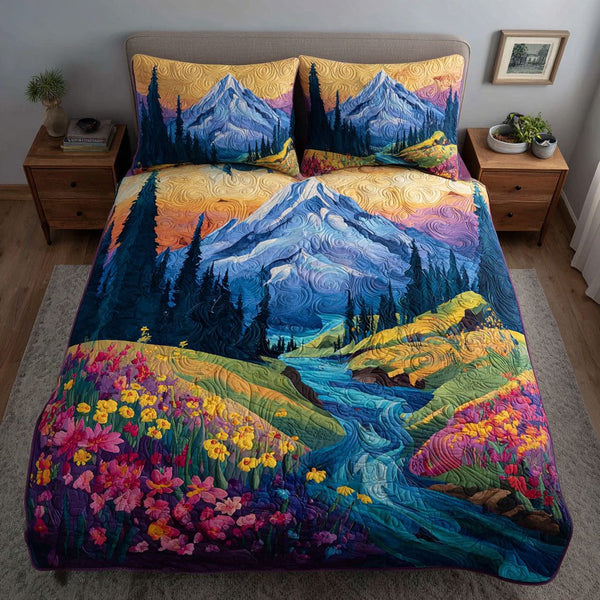 Meadow Stream quilted 3-piece bedding set on a made bed with two matching pillow shams