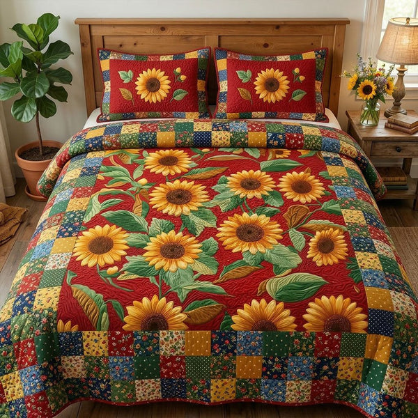 Meadow Sunflower Delight quilted 3-piece bedding set on a made bed with two matching pillow shams