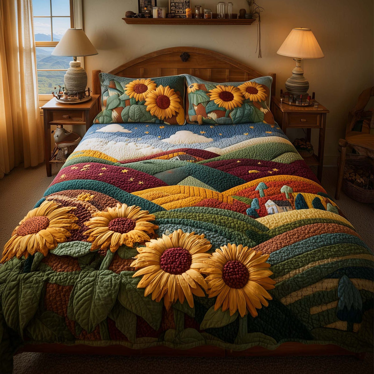 Meadow Sunflowers quilted 3-piece bedding set on a made bed with two matching pillow shams
