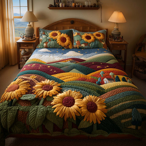 Meadow Sunflowers quilted 3-piece bedding set on a made bed with two matching pillow shams