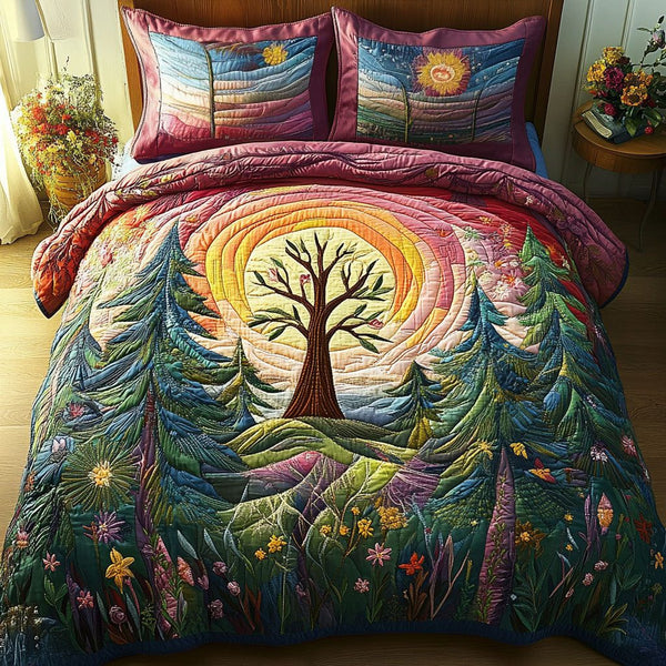 Meadow Sunrise Delight quilted 3-piece bedding set on a made bed with two matching pillow shams