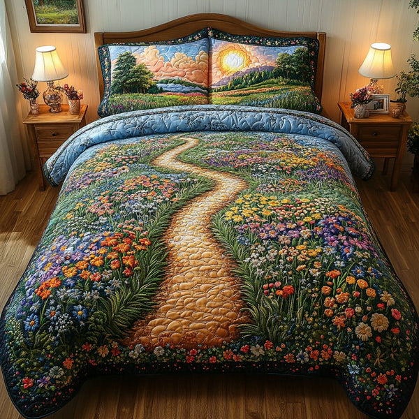 Meadow Sunrise quilted 3-piece bedding set on a made bed with two matching pillow shams
