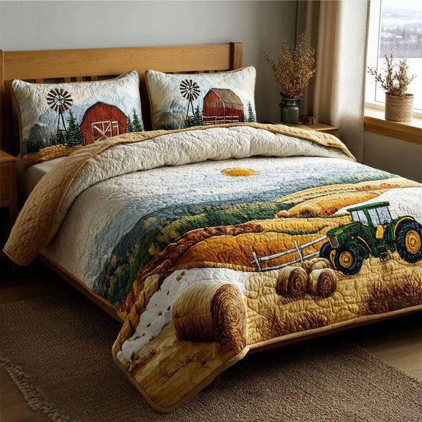 Meadow Tractor quilted 3-piece bedding set on a made bed with two matching pillow shams
