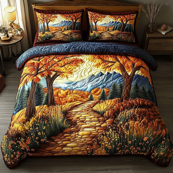 Meadow Trail quilted 3-piece bedding set on a made bed with two matching pillow shams
