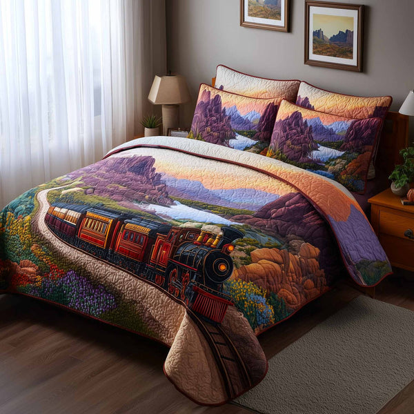 Meadow Train quilted 3-piece bedding set on a made bed with two matching pillow shams
