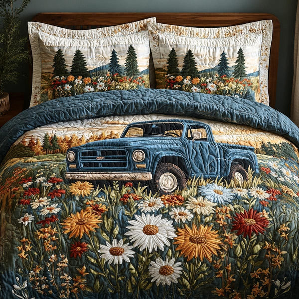 Meadow Truck quilted 3-piece bedding set on a made bed with two matching pillow shams