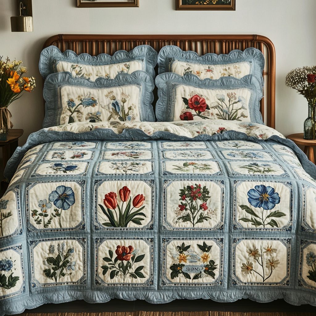 Meadow Vibe quilted 3-piece bedding set on a made bed with two matching pillow shams