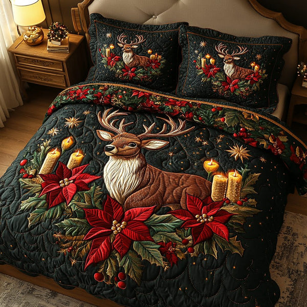 Meadow Wanderer quilted 3-piece bedding set on a made bed with two matching pillow shams