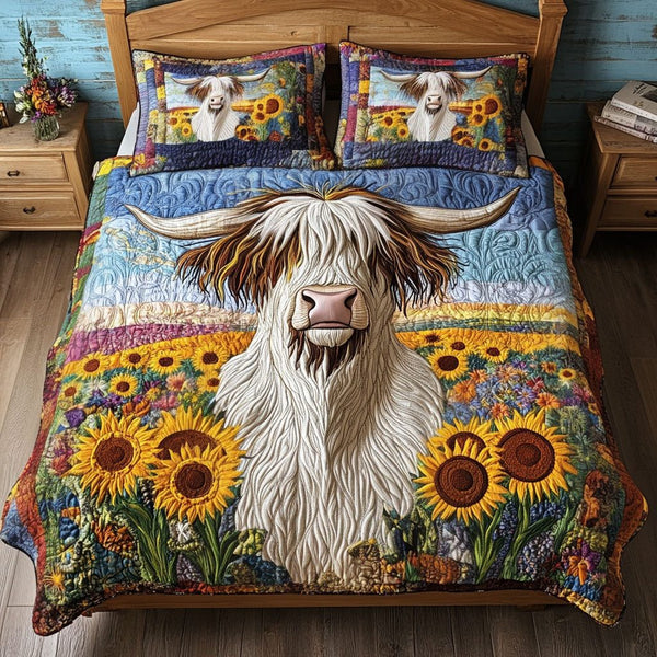 Meadow Wanderer quilted 3-piece bedding set on a made bed with two matching pillow shams