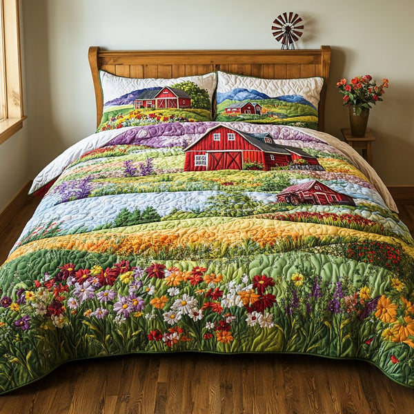 Meadow Whisper quilted 3-piece bedding set on a made bed with two matching pillow shams
