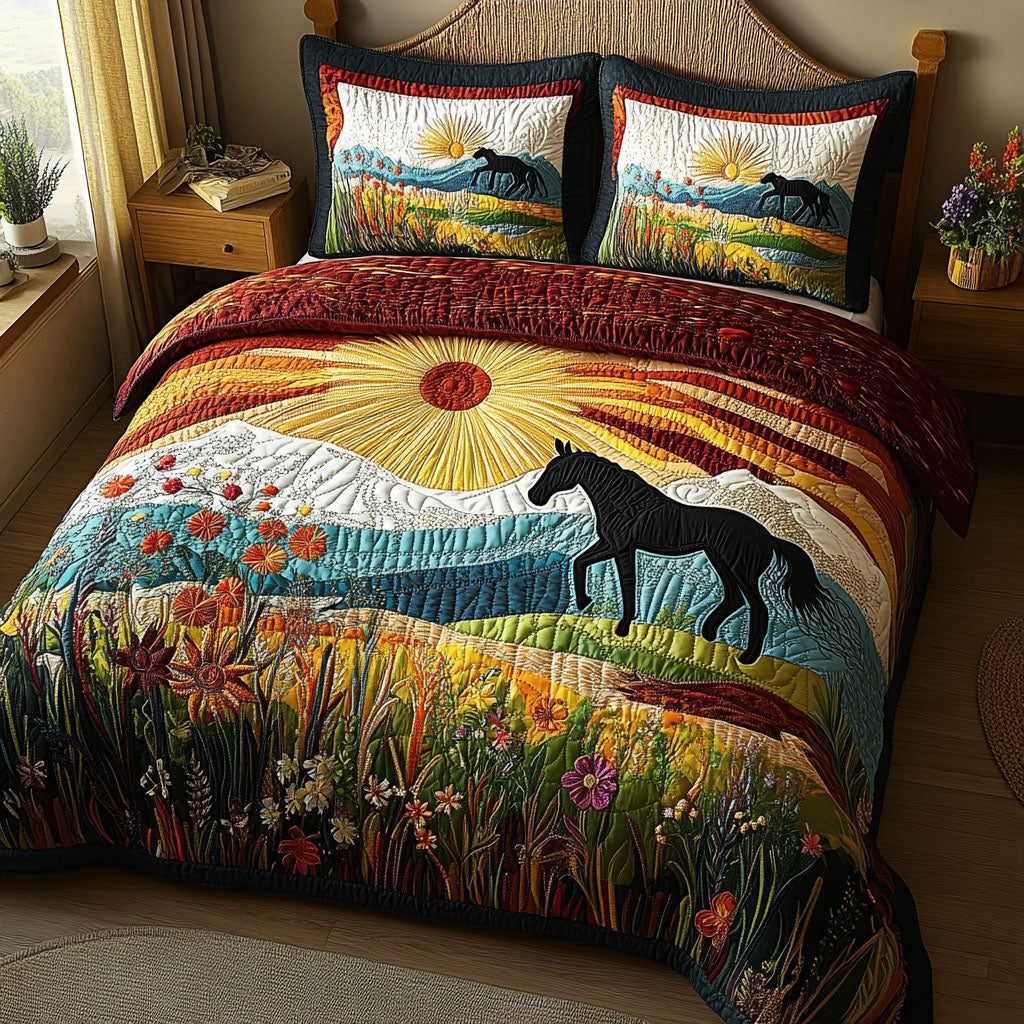 Meadow Whisperer quilted 3-piece bedding set on a made bed with two matching pillow shams