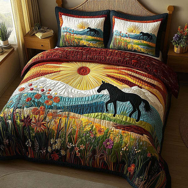 Meadow Whisperer quilted 3-piece bedding set on a made bed with two matching pillow shams