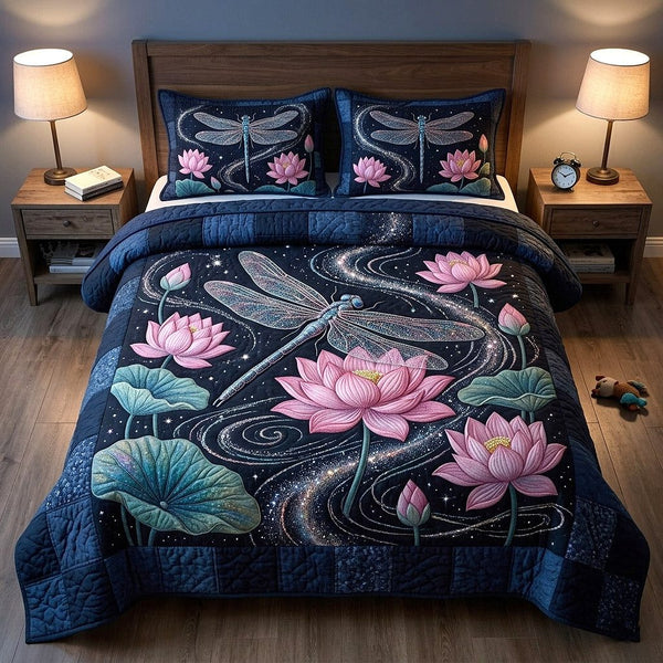 Meadow Wings quilted 3-piece bedding set on a made bed with two matching pillow shams