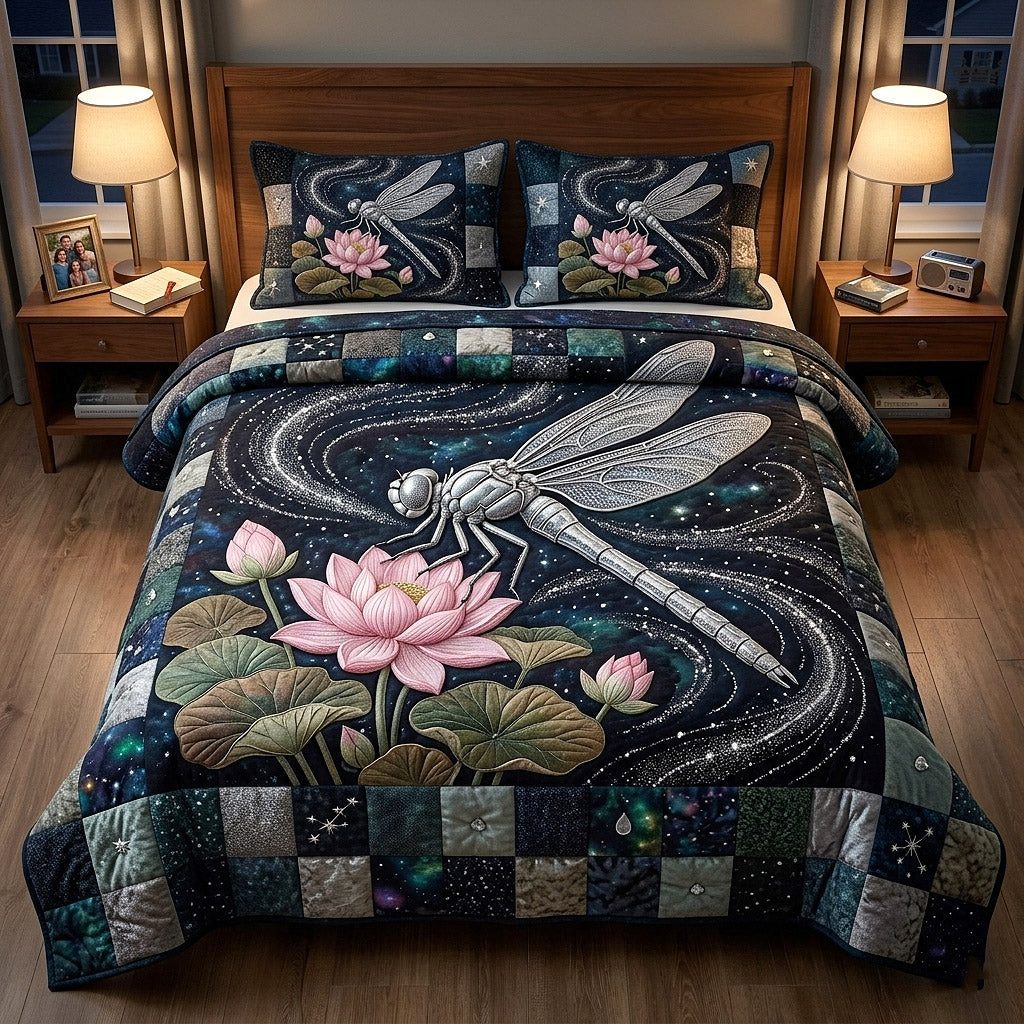 Meadow Wings quilted 3-piece bedding set on a made bed with two matching pillow shams
