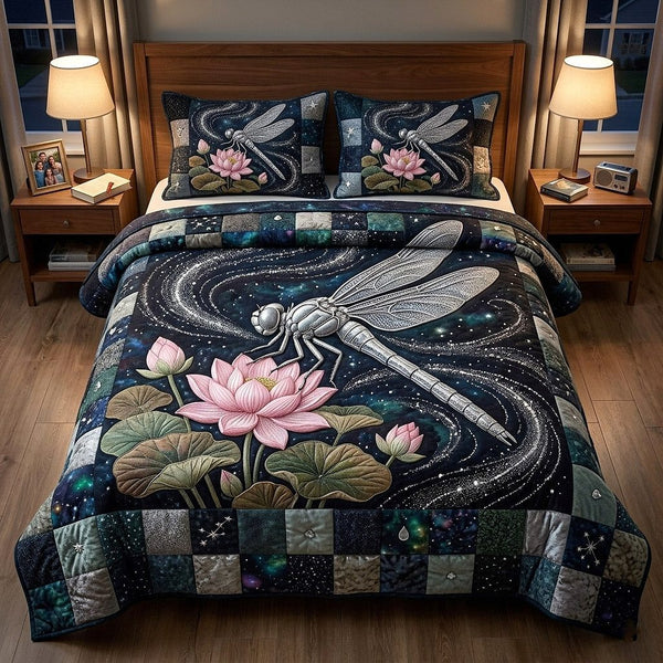 Meadow Wings quilted 3-piece bedding set on a made bed with two matching pillow shams