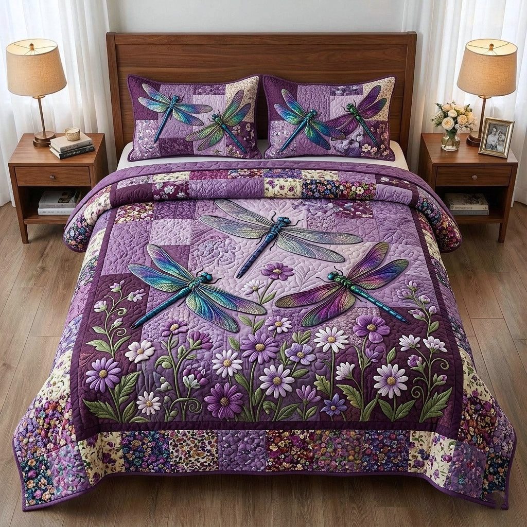 Meadow Wings quilted 3-piece bedding set on a made bed with two matching pillow shams