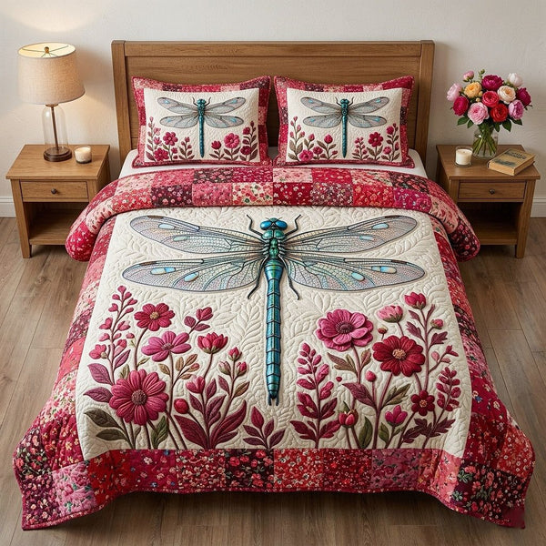 Meadow Wings quilted 3-piece bedding set on a made bed with two matching pillow shams