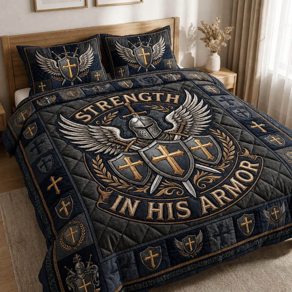 Medieval Armor Warrior quilted 3-piece bedding set on a made bed with two matching pillow shams
