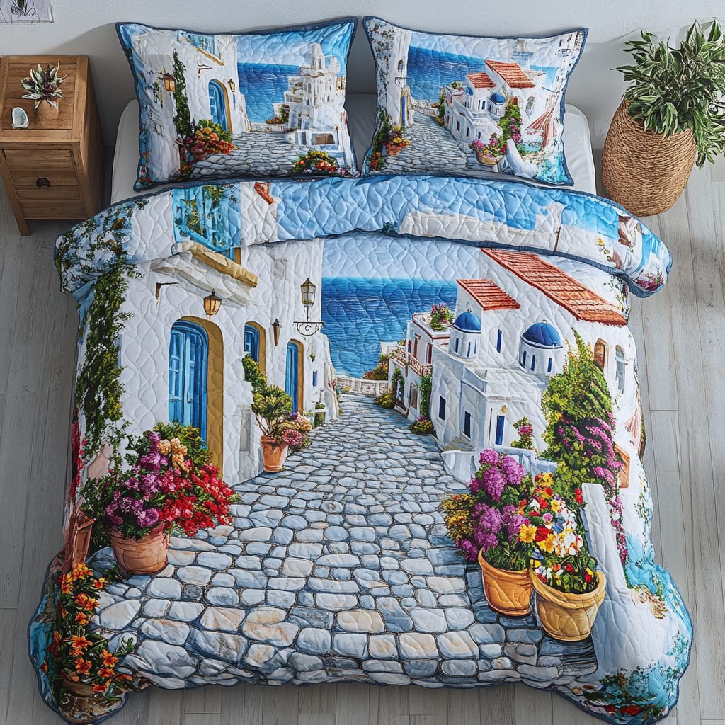 Mediterranean Escape quilted 3-piece bedding set on a made bed with two matching pillow shams