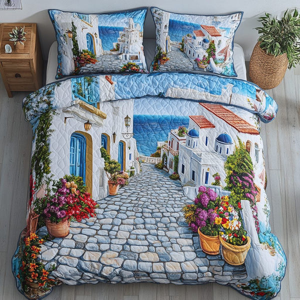 Mediterranean Escape quilted 3-piece bedding set on a made bed with two matching pillow shams