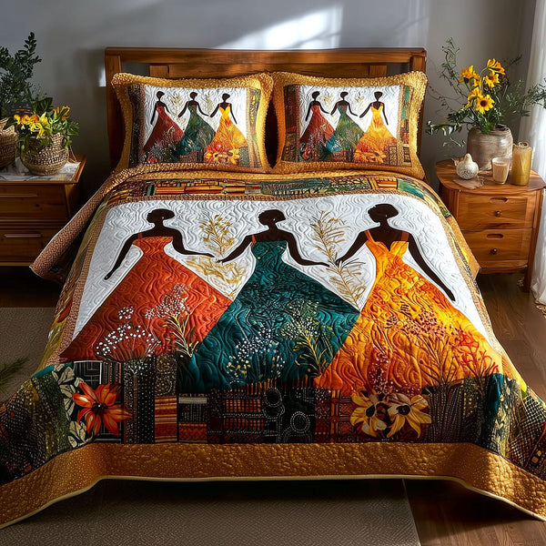 Melanin Bloom quilted 3-piece bedding set on a made bed with two matching pillow shams