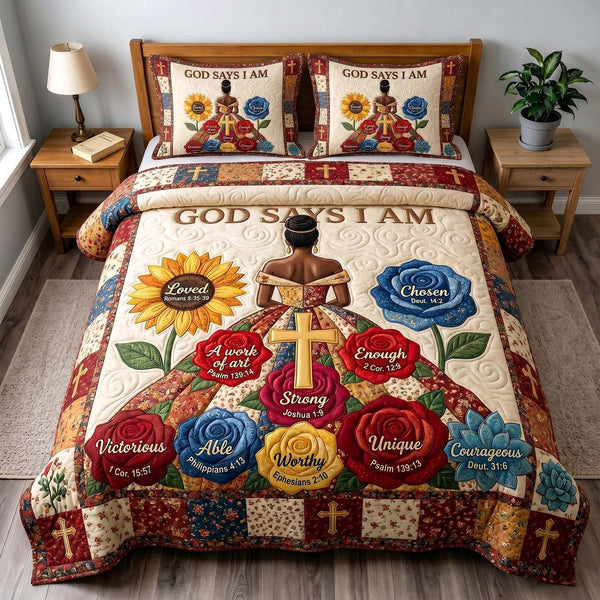 Melanin Grace quilted 3-piece bedding set on a made bed with two matching pillow shams