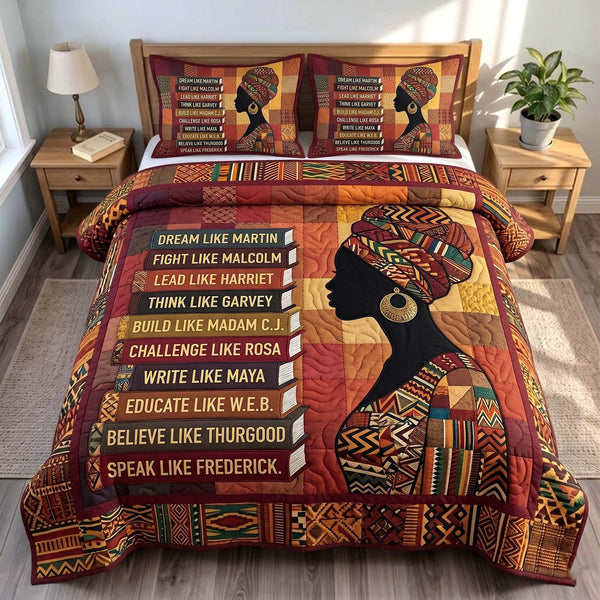Melanin Grace quilted 3-piece bedding set on a made bed with two matching pillow shams