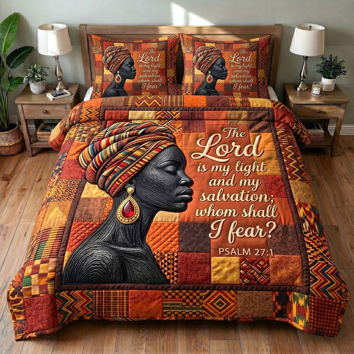 Melanin Grace quilted 3-piece bedding set on a made bed with two matching pillow shams