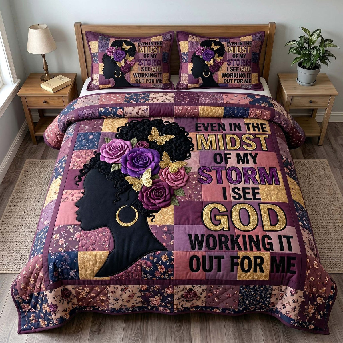 Melanin Grace quilted 3-piece bedding set on a made bed with two matching pillow shams