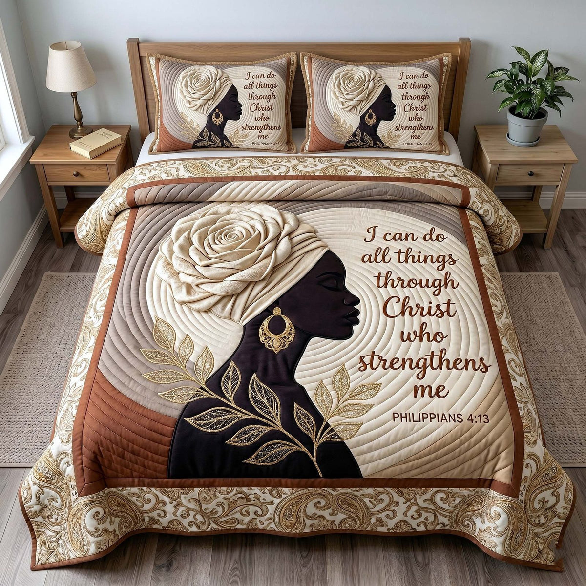 Melanin Grace quilted 3-piece bedding set on a made bed with two matching pillow shams