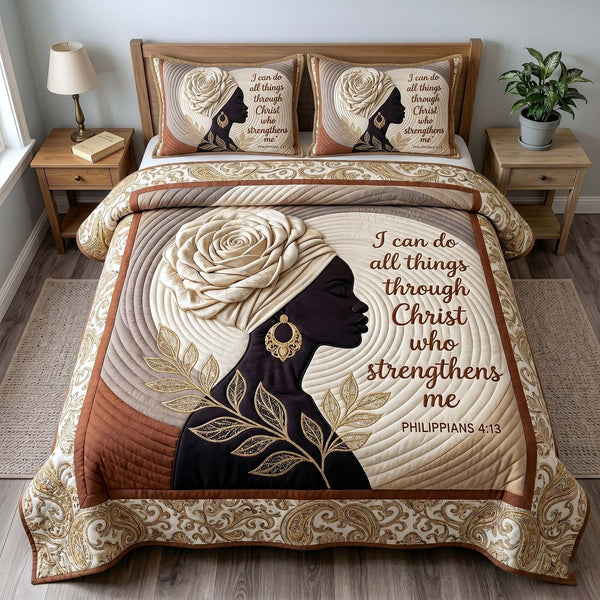 Melanin Grace quilted 3-piece bedding set on a made bed with two matching pillow shams