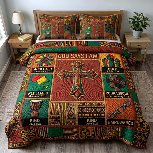 Melanin Grace quilted 3-piece bedding set on a made bed with two matching pillow shams