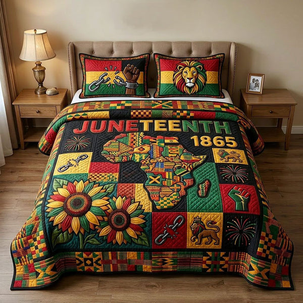 Melanin Legacy quilted 3-piece bedding set on a made bed with two matching pillow shams