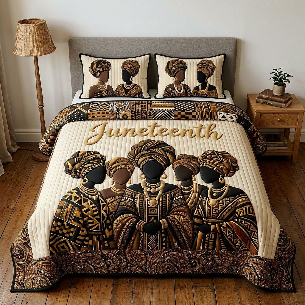 Melanin Legacy quilted 3-piece bedding set on a made bed with two matching pillow shams