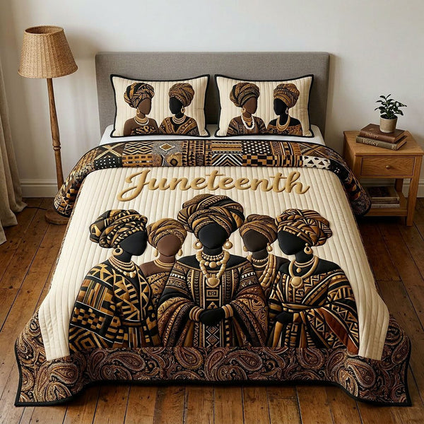Melanin Legacy quilted 3-piece bedding set on a made bed with two matching pillow shams