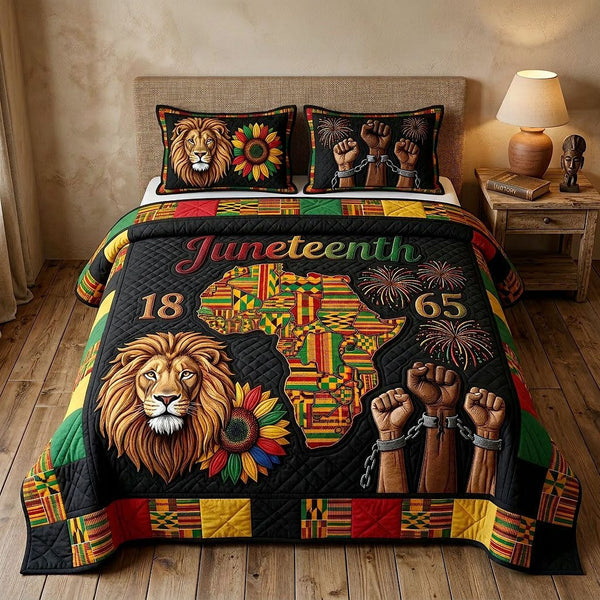 Melanin Legacy quilted 3-piece bedding set on a made bed with two matching pillow shams
