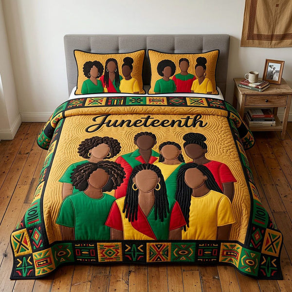 Melanin Legacy quilted 3-piece bedding set on a made bed with two matching pillow shams