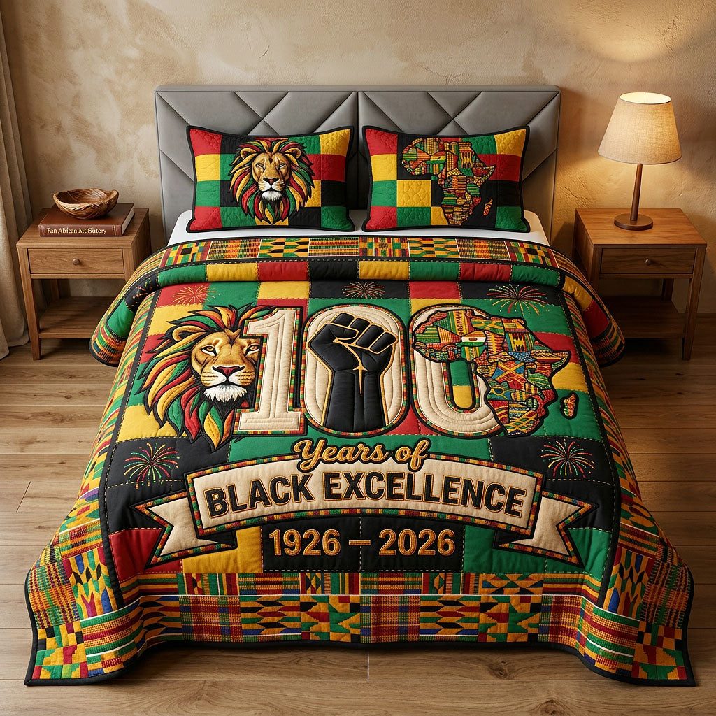 Melanin Legacy quilted 3-piece bedding set on a made bed with two matching pillow shams
