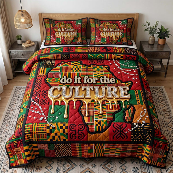 Melanin Legacy quilted 3-piece bedding set on a made bed with two matching pillow shams
