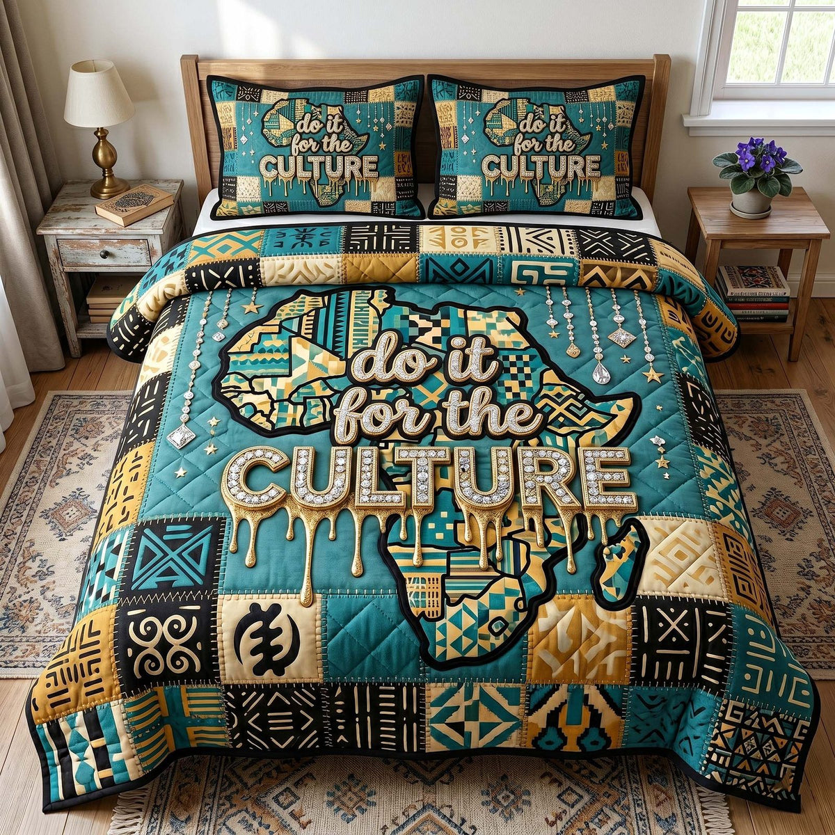 Melanin Legacy quilted 3-piece bedding set on a made bed with two matching pillow shams