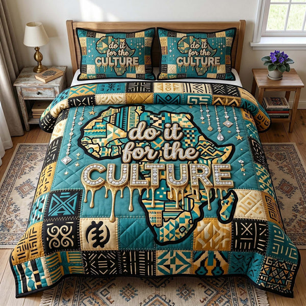 Melanin Legacy quilted 3-piece bedding set on a made bed with two matching pillow shams