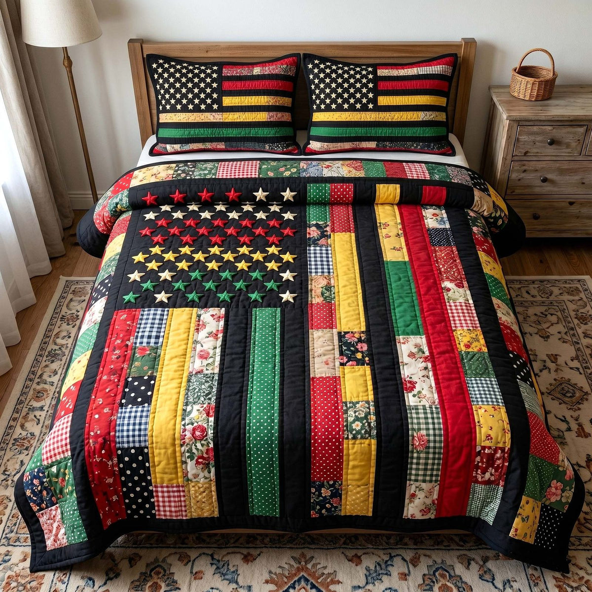 Melanin Legacy quilted 3-piece bedding set on a made bed with two matching pillow shams