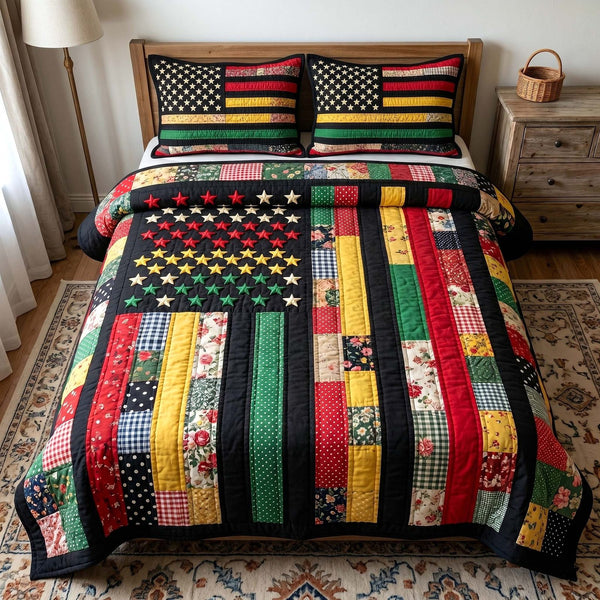 Melanin Legacy quilted 3-piece bedding set on a made bed with two matching pillow shams